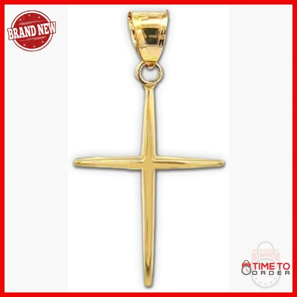 14K Gold Slim Cross Pendant for Necklace, Handcrafted Religious Jewelry